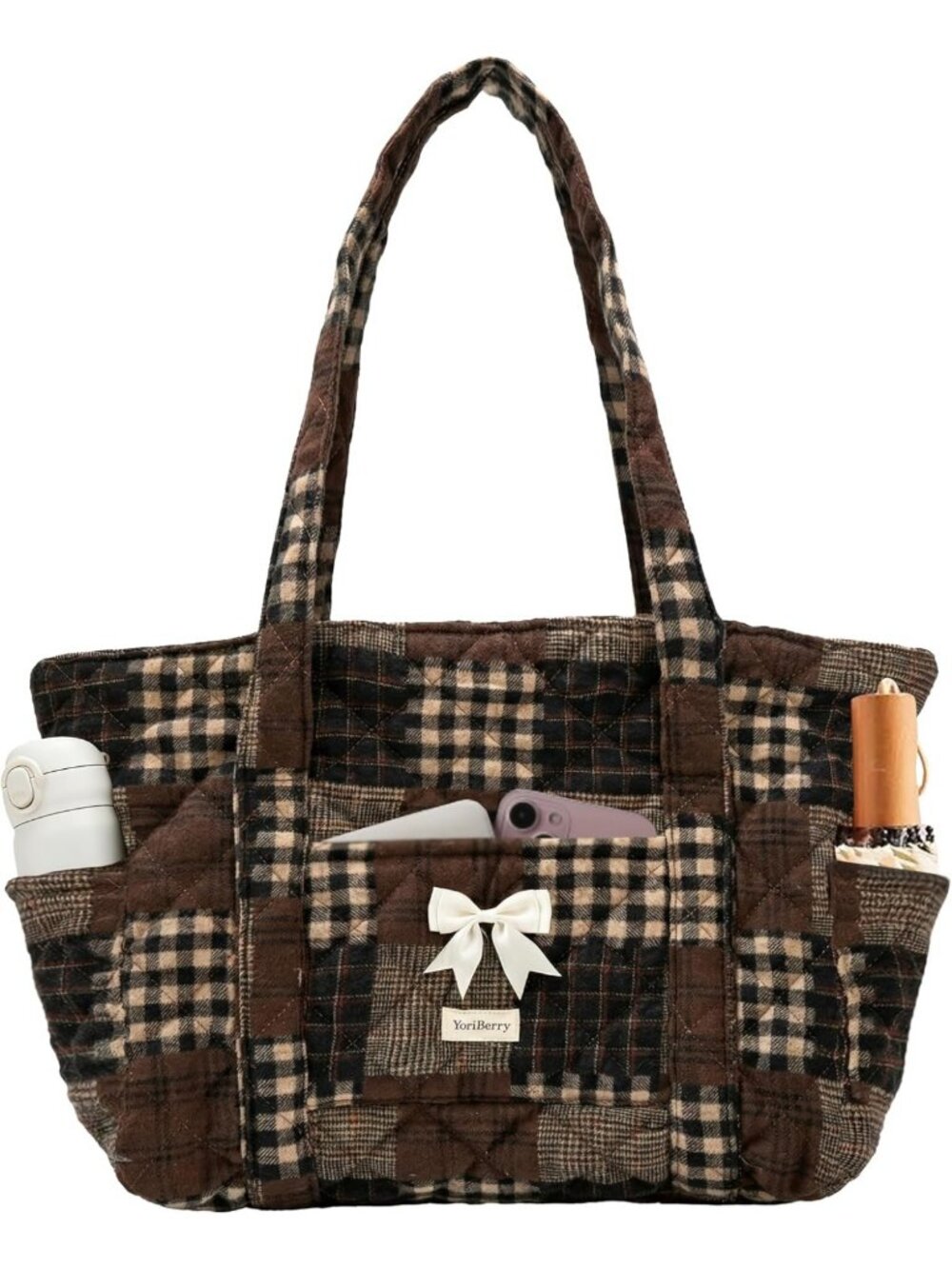 Quilted Floral Tote Bag with Zipper, Cute Bow Cotton Shoulder Bag for Daily Use